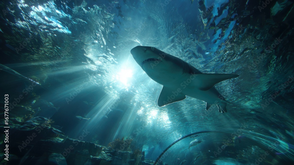 Fototapeta premium A large shark swims gracefully beneath bright rays of sunlight streaming through the water surface in an aquarium setting. The serene atmosphere captures underwater life at its best.