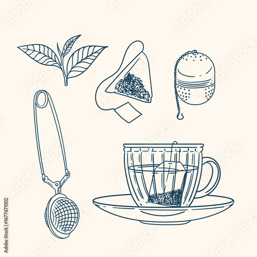 Set of original illustrations of a teacup, infuser, and tea-making utensils. Vintage ink line drawing for cards, menus, cafes, baristas, tea houses, or graphic design. In vector.