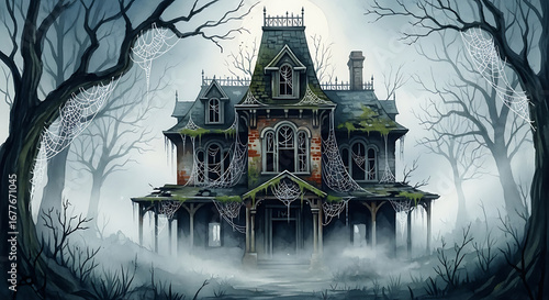 Spooky haunted house with cobwebs and bare trees in fog