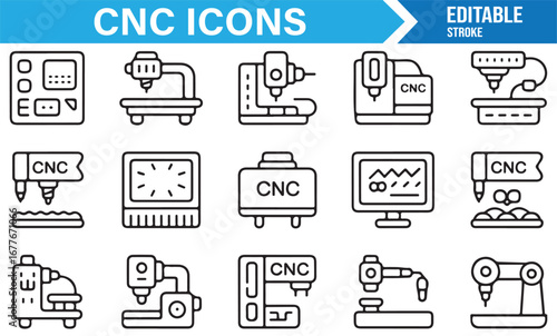 CNC machine tool symbols including lathe, robotic arm, and control screen illustrations