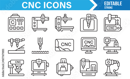 Editable stroke CNC and industrial automation icons for mechanical and manufacturing graphics