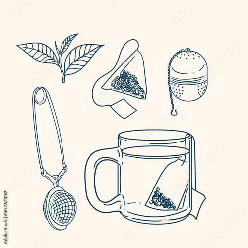 Set of original illustrations of a teacup, infuser, and tea-making utensils. Vintage ink line drawing for cards, menus, cafes, baristas, tea houses, or graphic design. In vector.
