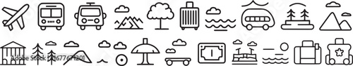 Travel and Tourism Icons: Transportation, Vacation, and Adventure

