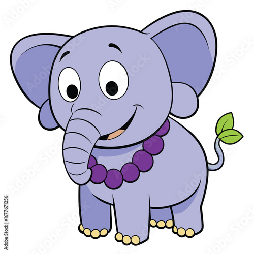 Adorable Purple Cartoon Elephant with Purple Beads on White cute kawaii