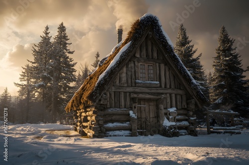 Traditional Viking Longhouse in Snowy Winter Forest