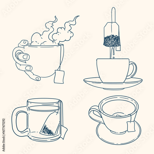 et of original illustrations of a teacup, infuser. Vintage ink line drawing for cards, menus, cafes, baristas, tea houses, or graphic design. In vector.
