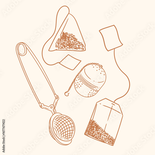 Set of original illustrations of a tea infuser. Vintage ink drawing for cards, menus, cafes, baristas, tea houses, or graphic design. In vector 