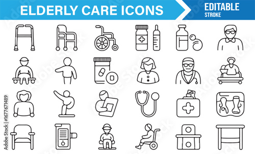 Outline elderly care icons set including rehabilitation, nurse, and wellness design elements