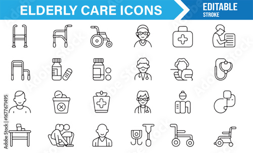 Senior health and elderly care icon pack for hospital, clinic, and medical assistance graphics