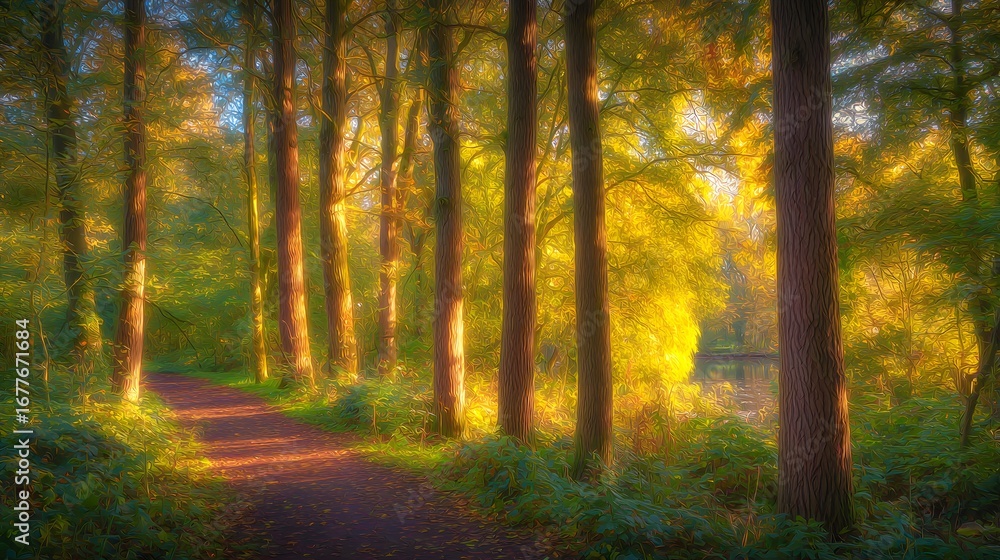 Obraz premium Misty Forest Path with Sunlight and Lush Green Trees Tranquil Nature stock photo