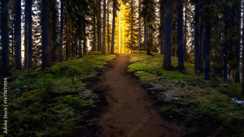 Obraz premium Mystical forest path leading to bright golden light, enchanted woodland trail with mossy ground, ethereal sunbeams through dark pine trees