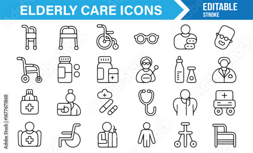 Editable stroke elderly and senior health icons for hospital, clinic, and caregiving designs