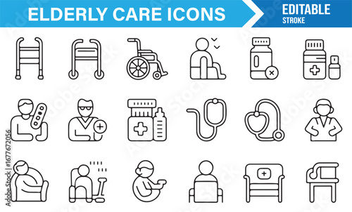 Elderly care icons collection for healthcare, senior support, and medical assistance projects