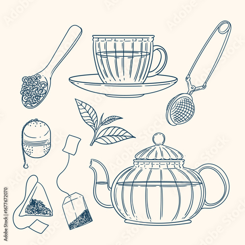 Set of original illustrations of a teacup, infuser, and tea-making utensils. Vintage ink line drawing for cards, menus, cafes, baristas, tea houses, or graphic design. In vector.