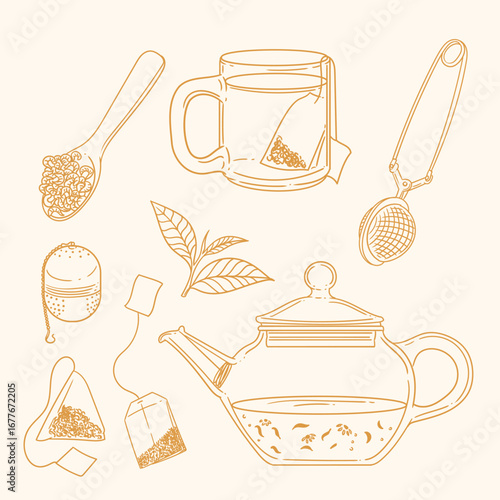 Set of original illustrations of a teacup, infuser, and tea-making utensils. Vintage ink line drawing for cards, menus, cafes, baristas, tea houses, or graphic design. In vector.