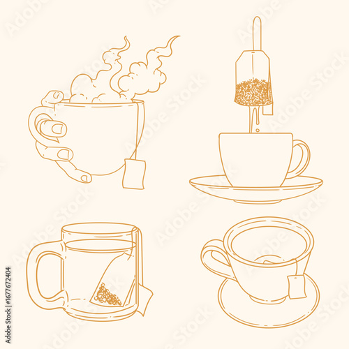 et of original illustrations of a teacup, infuser. Vintage ink line drawing for cards, menus, cafes, baristas, tea houses, or graphic design. In vector.