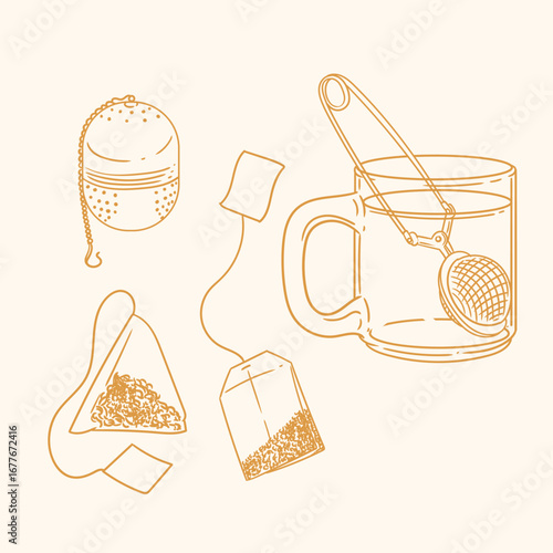 et of original illustrations of a teacup, infuser. Vintage ink line drawing for cards, menus, cafes, baristas, tea houses, or graphic design. In vector.
