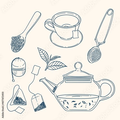 Set of original illustrations of a teacup, infuser, and tea-making utensils. Vintage ink line drawing for cards, menus, cafes, baristas, tea houses, or graphic design. In vector.