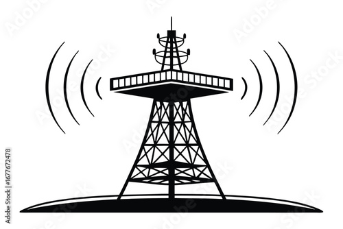 Black Silhouette Of A Radio Tower With Signal Waves On White Background communication tower telecommunication