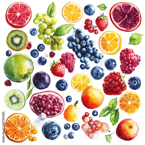 watercolor of Summer Fruits Flat Lay, vector, isolated on a white background.