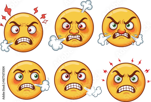Set of Angry Emoticon Faces Expressing Frustration, Rage, and Steam, Cartoon Emoji Vector Illustration Pack