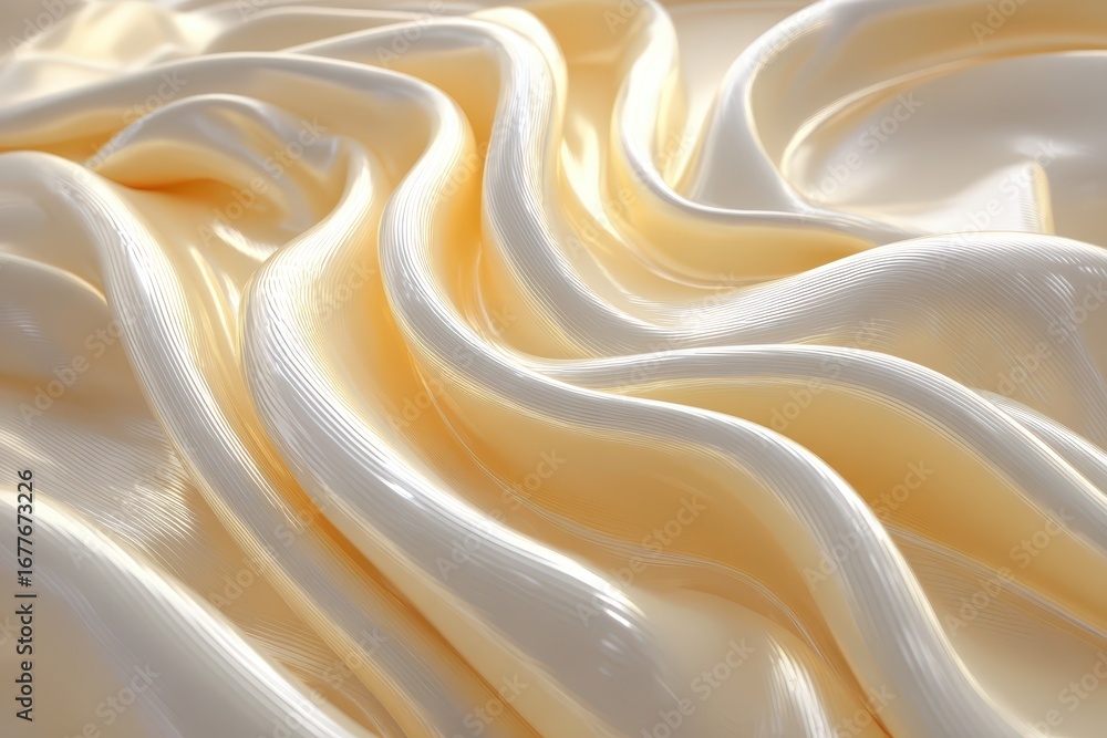 Obraz premium Abstract close-up of shimmering pearlescent silk fabric, featuring elegant folds and a soft, luxurious texture in a creamy, pale yellow hue, ideal for backgrounds.