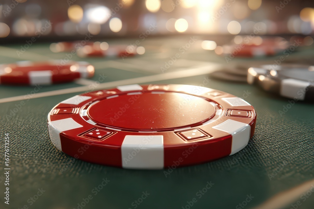 Obraz premium Close-up shot showcasing a vibrant red poker chip on a textured green felt table, with blurred casino lights creating an inviting and exciting atmosphere, enhancing the gaming experience.