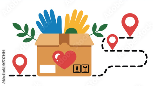 A donation box with a heart and hands with location markers on a dotted route for delivery service