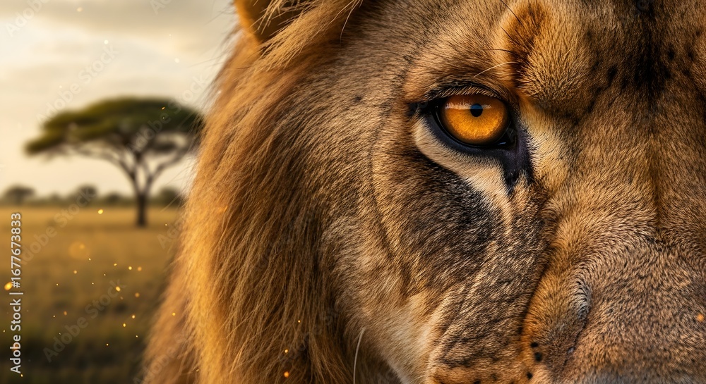 Naklejka premium Piercing Amber Gaze of a Majestic African Lion at Golden Hour, Close-Up Detail of Eye and Textured Fur with Soft Savanna Background.