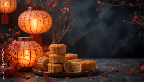 Styled photo of mooncakes placed beside paper lanterns, dark moody background with warm highlights, Mid-Autumn Festival theme