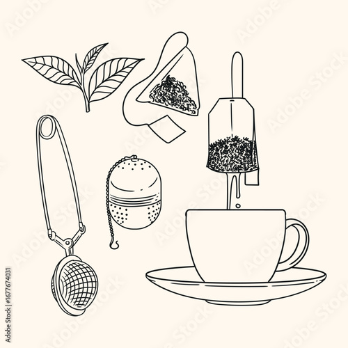 et of original illustrations of a teacup, infuser. Vintage ink line drawing for cards, menus, cafes, baristas, tea houses, or graphic design. In vector.