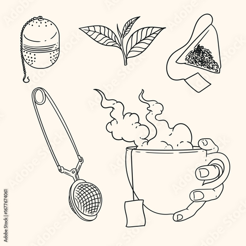 et of original illustrations of a teacup, infuser. Vintage ink line drawing for cards, menus, cafes, baristas, tea houses, or graphic design. In vector.
