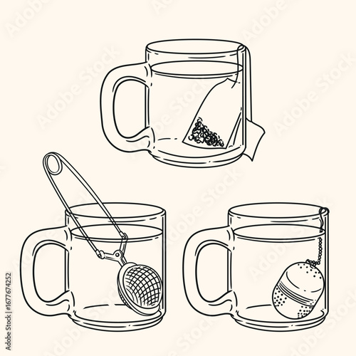 et of original illustrations of a teacup, infuser. Vintage ink line drawing for cards, menus, cafes, baristas, tea houses, or graphic design. In vector.