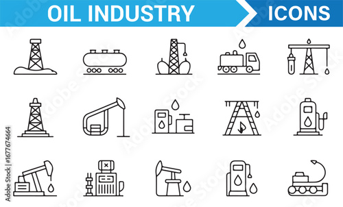 Energy and fuel supply chain outline icon set including rigs, pumps, and oil barrels