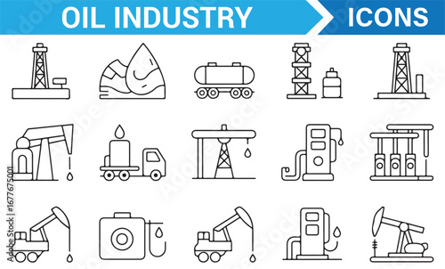 Petroleum and energy supply chain icons including drilling, tanker trucks, and pipelines