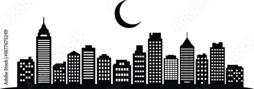 Black and white city skyline silhouette with crescent moon above, urban high-rise buildings vector illustration, night cityscape design for commercial and creative use