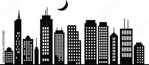 Black and white city skyline silhouette with crescent moon, urban high-rise buildings vector illustration, night cityscape design for creative and commercial projects