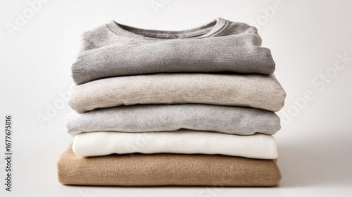 A stack of five neatly folded sweaters in shades of gray and beige. The garments are arranged in a casual, orderly fashion, showcasing their soft textures and simple colors.
