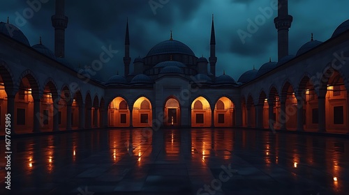 Breathtaking mosque glowing with golden lights across evening water image