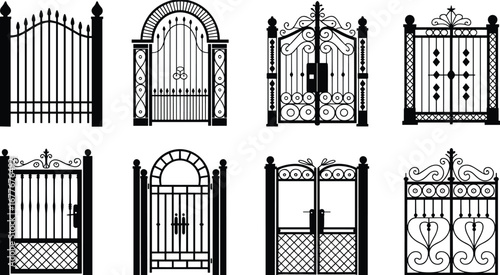 Collection of wrought iron gates silhouettes with decorative scrollwork, elegant arches, ornamental designs, classic metal fences, and secure entrance gates for gardens and estates