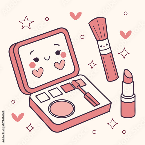 Adorable cartoon makeup kit featuring cute kawaii faces perfect for beauty blogs cosmetic brands and fun fashion designs