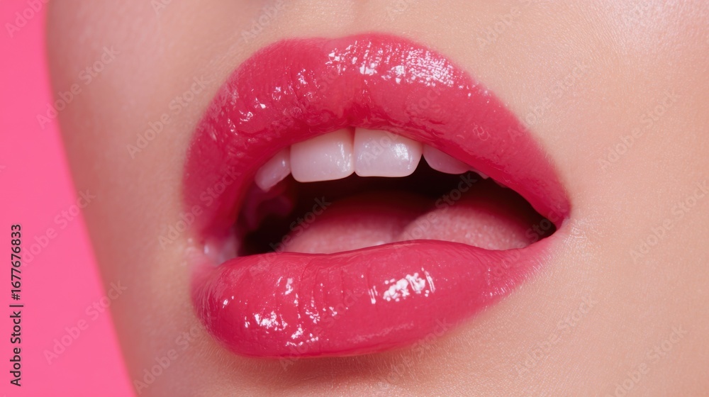 Naklejka premium Full focus on glossy pink lips with a soft shine, showcasing a fresh makeup look against a bright pink backdrop. The lighting emphasizes the texture and color, creating a striking effect.