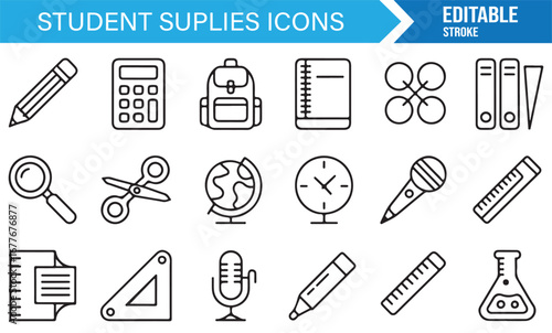 Student learning and classroom essentials symbols in thin line editable vector style