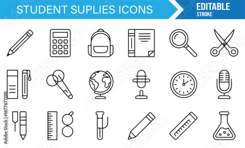 Editable stroke student supplies icon set featuring book, pen, calculator, and science tools