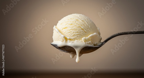Melting scoop of vanilla ice cream on spoon
