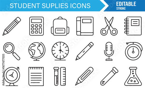 Learning and classroom equipment outline icons for education, teaching, and study visuals