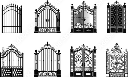 Elegant wrought iron gate silhouettes with decorative scrollwork, arched tops, lattice patterns, classic estate gates, ornamental fencing, secure metal gate designs.