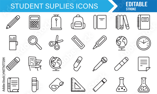 Outline icon set of school materials and stationery for academic and learning themes