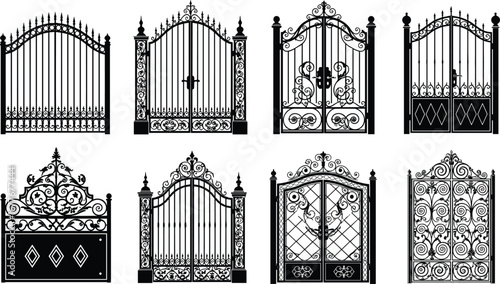 Elegant wrought iron gate silhouettes with ornamental scrollwork, arched tops, decorative metalwork, estate entrance designs, classic garden gates, and secure fencing patterns.