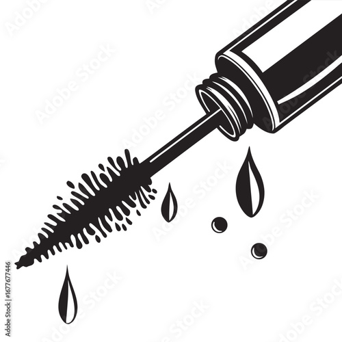 Close up vector illustration of a mascara wand with black liquid dripping from its bristles showcasing cosmetic application and beauty product detail